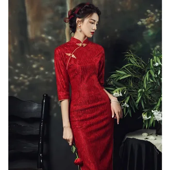 Kinų Stiliaus Raudona Cheongsam Suknelės Moterims, Elegantiškas Gėlių Spausdinti Midi Qipao, Nuotaka, Vestuvinė Suknelė, Plonas Naujųjų Metų Vakarą Šalis Suknelė