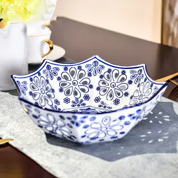 Naujas Kinų stiliaus Jingdezhen mėlynos ir baltos spalvos porceliano tuščiaviduriai vaisių lėkštės vaisiams lėkštės duoklė aštuoniakampis pervėrė vaisių plokštė