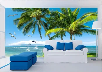 Pasirinktinius nuotraukų 3d tapetai, neaustiniai ir šilko freskos paplūdimio kokoso palmių žuvėdros nuotrauka tapybos 3d kambarių freskomis tapetai