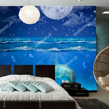 Delfinų tapetai,Miega delfinų,3D vaikų tapetai, vaikų kambarys, miegamasis fono sienos šilko tapetai