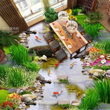 Beibehang 3D, augalų, gėlių grindų kino mažo upelio vandens devynios žuvų skaičius 3D, grindų plytelės žemėlapis neslidus tvirtos PVC grindų