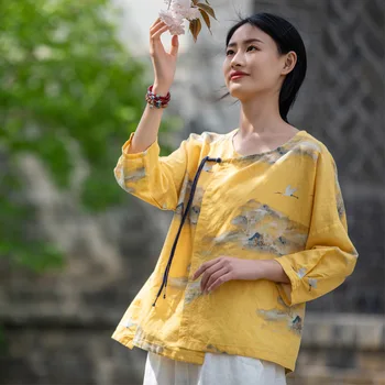 Medvilnės Skalbiniai Kinijos Stilius Derliaus Laisvi Marškinėliai Moterims Gėlių Spausdinti Hanfu Retro Vasaros Prarasti Aukštos Kokybės Tradicinės Palaidinė Viršų