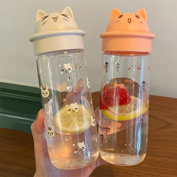 Mielas animacinių filmų katės butelis kūrybos forma didelės talpos nešiojamų lauko sporto skaidraus plastiko matavimo puodelio vandens