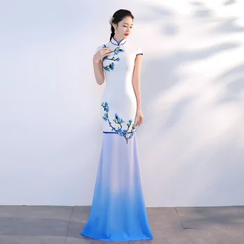 Pavasario Seksualus, Trumpas Rankovės Qipao Siuvinėjimas, Aplikacijos Mandarinų Apykaklės Gradientas Undinė Satino Cheongsam Kinijos Moterų Suknelė
